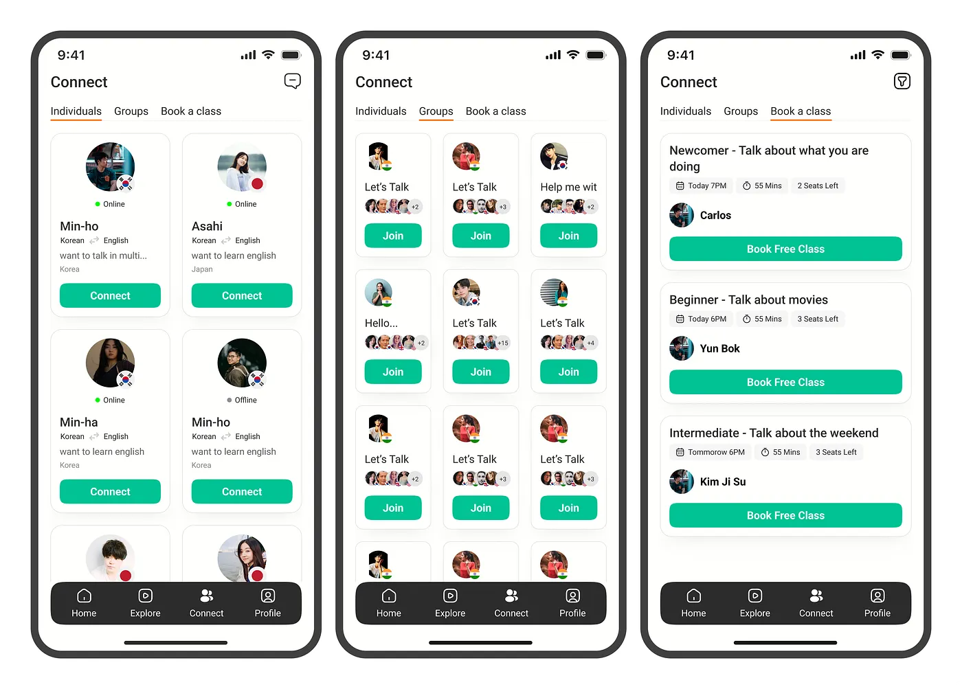 Connect screen across three tabs: 1:1 individuals, group conversations, and bookable classes with native speakers