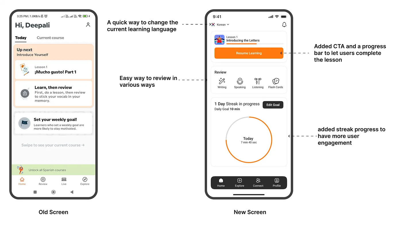 Home screen: old single-list layout versus the new layout with a resume-learning CTA, four review modes, and an animated streak ring