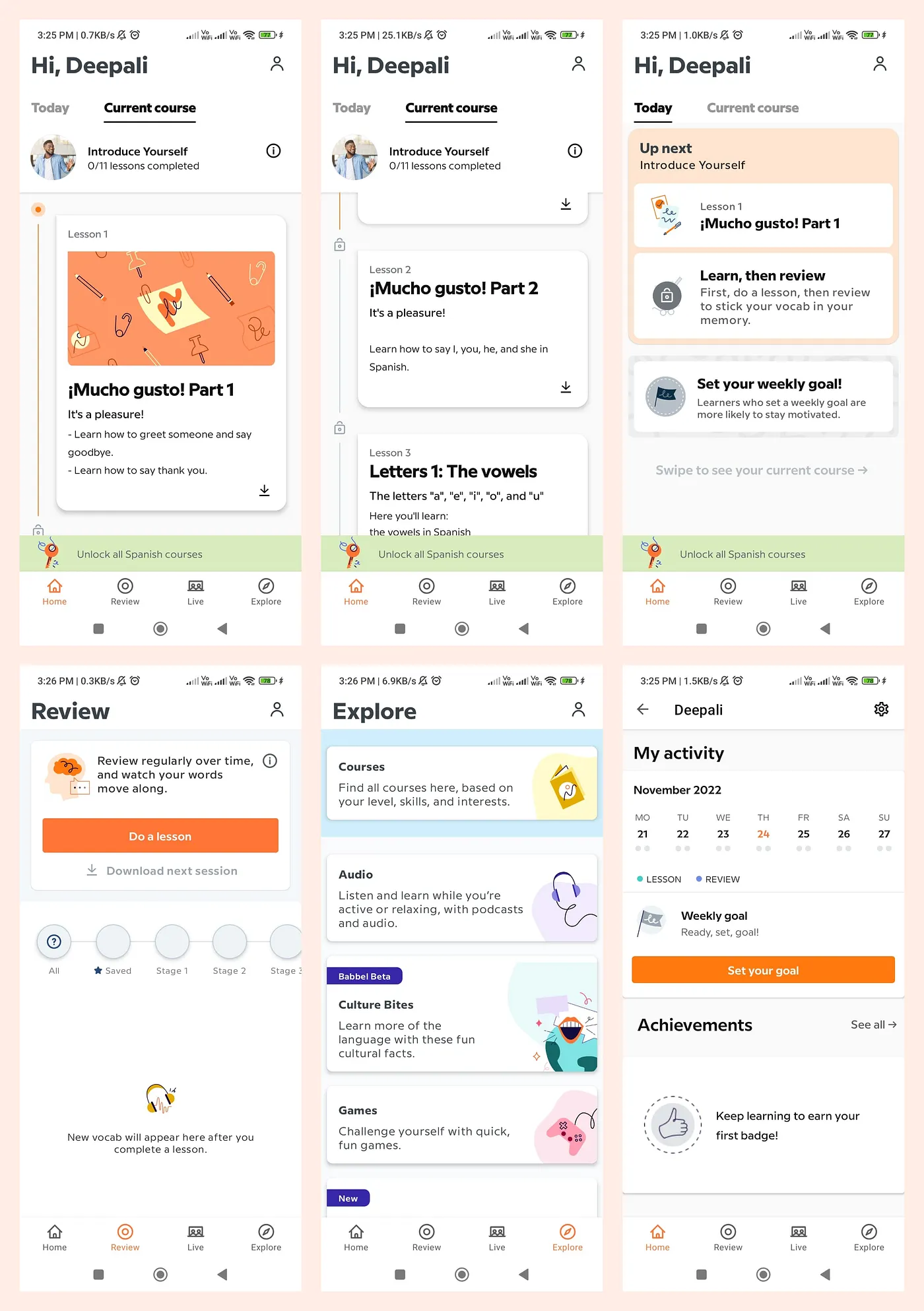 Six screens from the existing Babbel app showing inconsistent navigation, visual hierarchy, and missing review surfaces